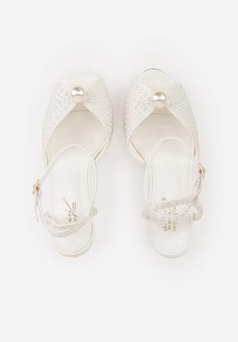 Białe Sandały Peep Toe na Szpilce z Perełkami i Paskiem z Klamerką Velaniella 6