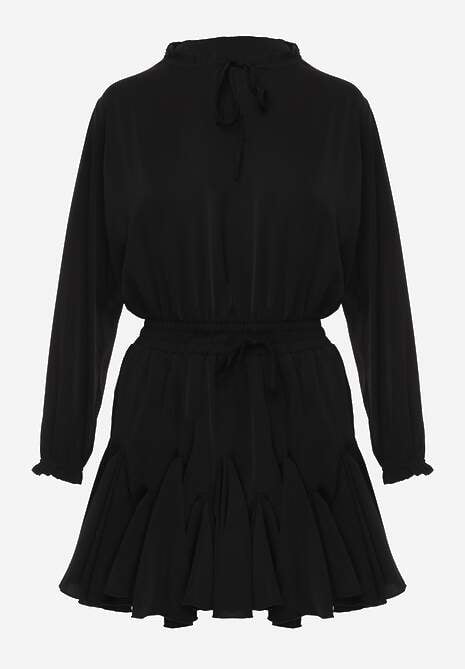 Czarna Sukienka z Wiskozą o Rozkloszowanym Kroju z Falbankami i Wiązaniem Meriianes 6