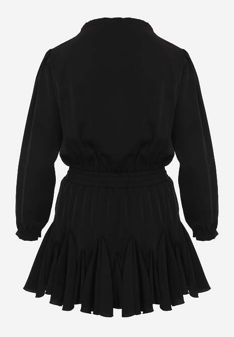 Czarna Sukienka z Wiskozą o Rozkloszowanym Kroju z Falbankami i Wiązaniem Meriianes 7