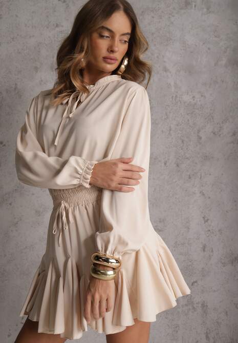 Beżowa Sukienka z Wiskozą o Rozkloszowanym Kroju z Falbankami i Wiązaniem Meriianes 4
