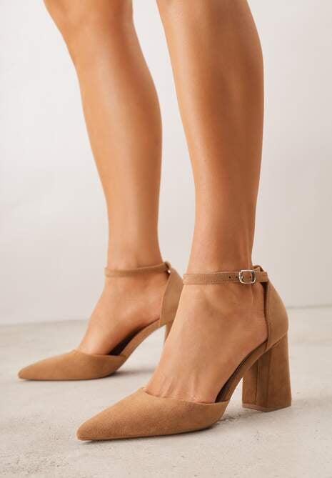 Jasnobrązowe Czółenka z Imitacji Zamszu na Słupkowym Obcasie ze Szpiczastym Noskiem Hadina
