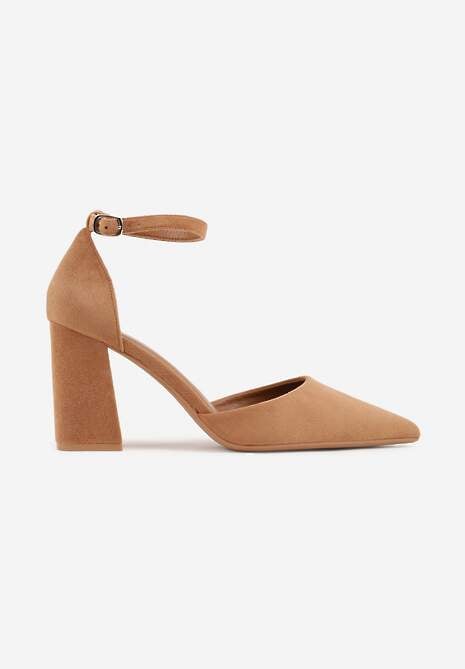 Jasnobrązowe Czółenka z Imitacji Zamszu na Słupkowym Obcasie ze Szpiczastym Noskiem Hadina 4