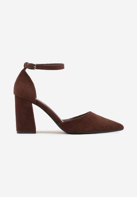 Ciemnobrązowe Czółenka z Imitacji Zamszu na Słupkowym Obcasie ze Szpiczastym Noskiem Hadina 4