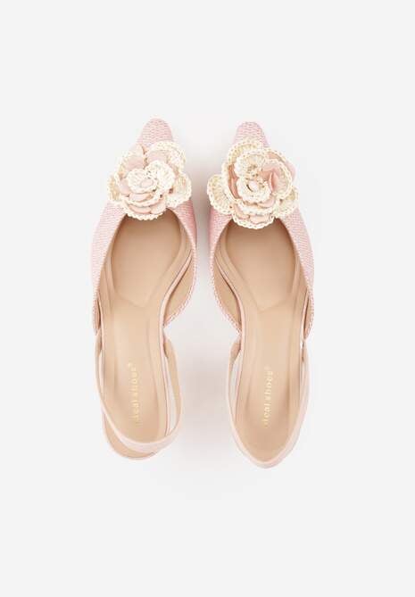 Różowe Sandały Slingback na Kaczuszce z Tweedowymi Wstawkami i Kwiatem 3D Zehe 6