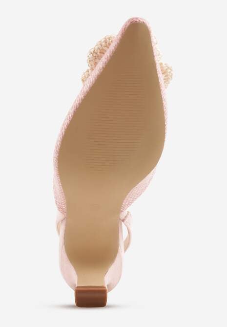 Różowe Sandały Slingback na Kaczuszce z Tweedowymi Wstawkami i Kwiatem 3D Zehe 7