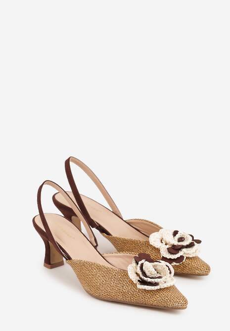 Brązowe Sandały Slingback na Kaczuszce z Tweedowymi Wstawkami i Kwiatem 3D Zehe 5