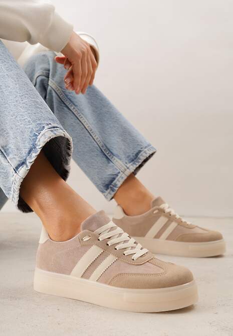 Ciemnobeżowe Sneakersy na Platformie w Stylu Tenisówek Ozdobione Paskami Ladia