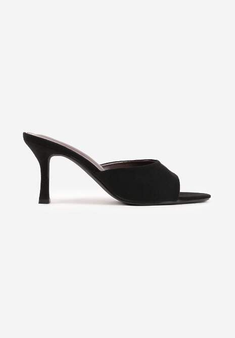 Czarne Klapki na Szpilce z Imitacji Zamszu z Noskiem Peep Toe Merissaura 4