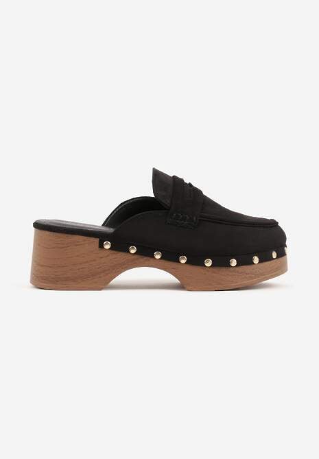Czarne Klapki Drewniaki o Fasonie Loafersów z Ozdobnymi Nitami Sargita 4