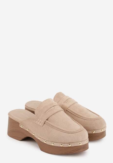 Beżowe Klapki Drewniaki o Fasonie Loafersów z Ozdobnymi Nitami Sargita 5