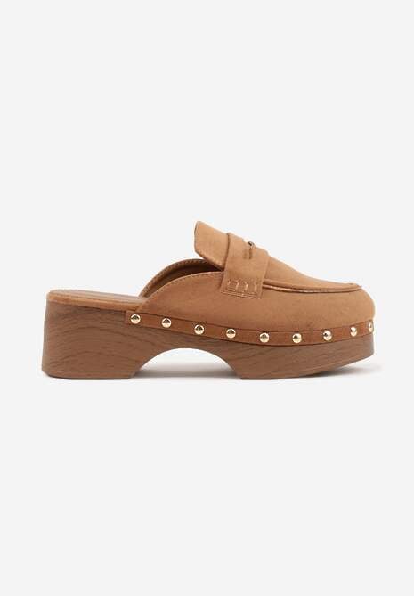 Jasnobrązowe Klapki Drewniaki o Fasonie Loafersów z Ozdobnymi Nitami Sargita 4