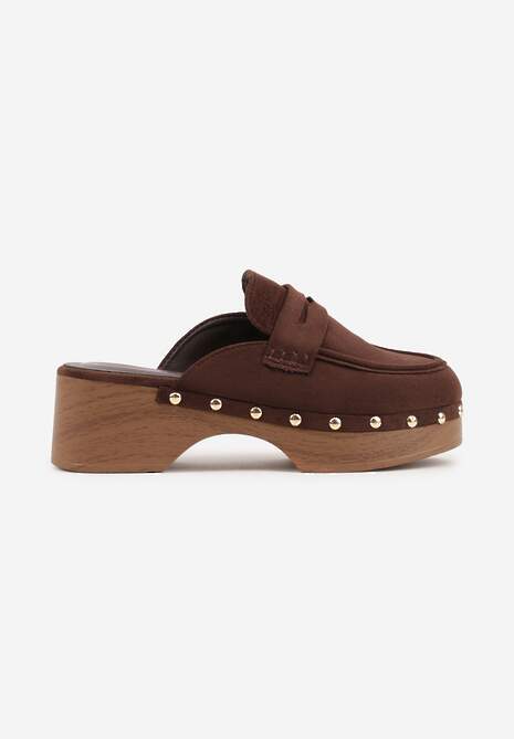 Brązowe Klapki Drewniaki o Fasonie Loafersów z Ozdobnymi Nitami Sargita 4