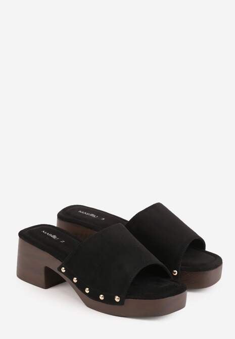 Czarne Klapki w Stylu Drewniaków z Nitami na Klockowym Obcasie Junikofa 5