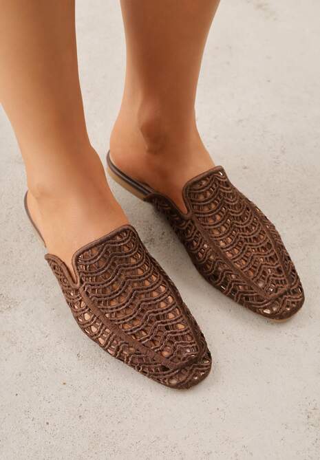 Brązowe Ażurowe Klapki Mule z Plecioną Cholewką Raguela
