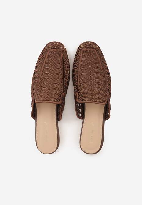 Brązowe Ażurowe Klapki Mule z Plecioną Cholewką Raguela 6