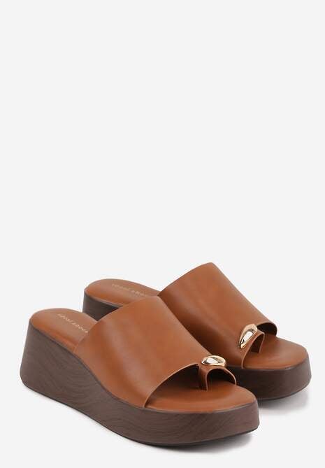 Jasnobrązowe Klapki Japonki na Koturnie w Stylu Drewniaków Triaqueena 5