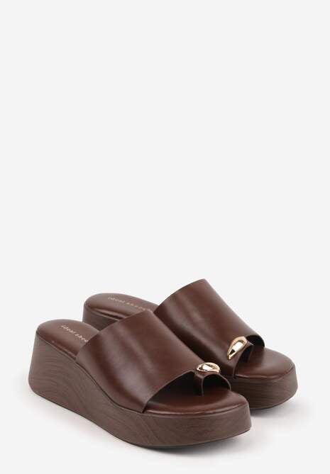 Brązowe Klapki Japonki na Koturnie w Stylu Drewniaków Triaqueena 5