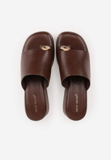 Brązowe Klapki Japonki na Koturnie w Stylu Drewniaków Triaqueena 6
