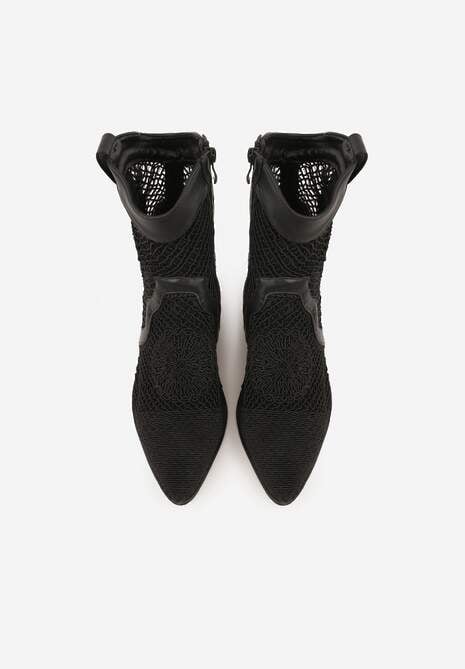 Czarne Botki Kowbojki na Stożku z Ażurową Cholewką z Haftem Isarna 6