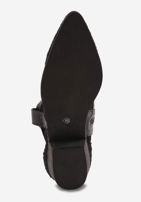 Czarne Botki Kowbojki na Stożku z Ażurową Cholewką z Haftem Isarna 7