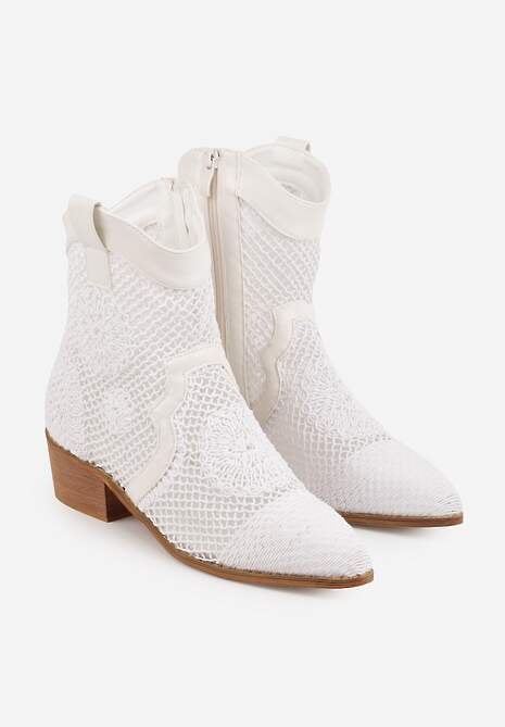 Białe Botki Kowbojki na Stożku z Ażurową Cholewką z Haftem Isarna 5