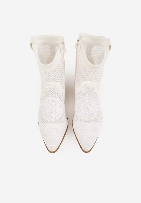 Białe Botki Kowbojki na Stożku z Ażurową Cholewką z Haftem Isarna 6