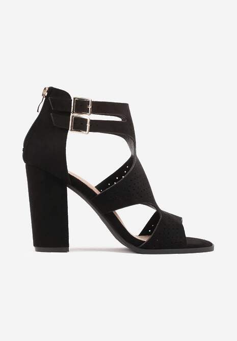 Czarne Sandały na Wysokim Słupku z Perforacją z Imitacji Zamszu Meeyah 4