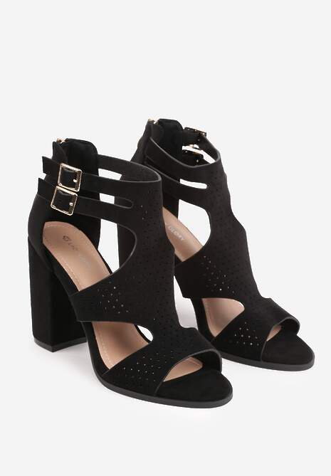 Czarne Sandały na Wysokim Słupku z Perforacją z Imitacji Zamszu Meeyah 5