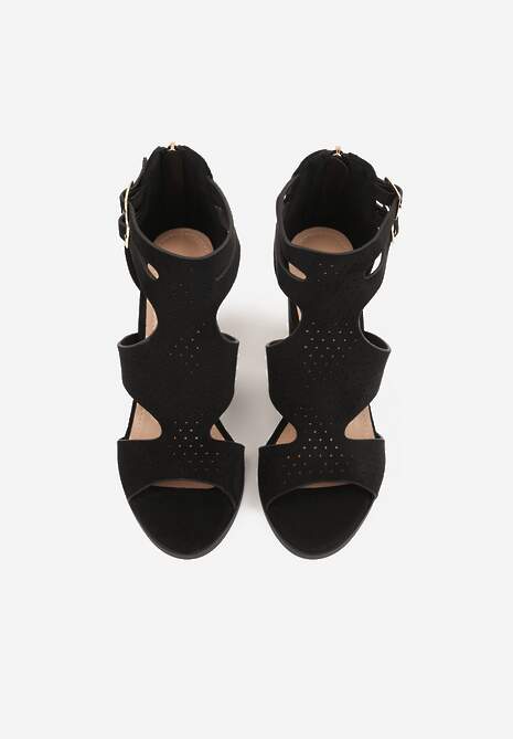Czarne Sandały na Wysokim Słupku z Perforacją z Imitacji Zamszu Meeyah 6