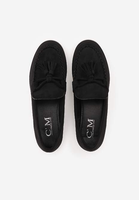 Czarne Mokasyny z Imitacji Zamszu z Aplikacją w Kształcie Kokardy z Frędzlami Edea 6