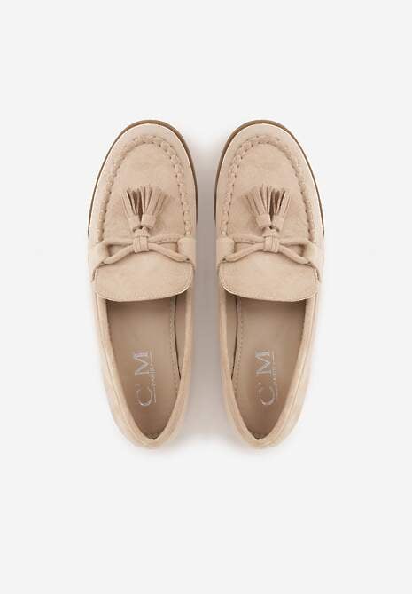 Beżowe Mokasyny z Imitacji Zamszu z Aplikacją w Kształcie Kokardy z Frędzlami Edea 6