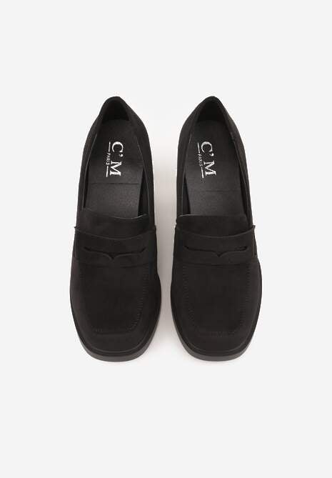 Czarne Półbuty Mokasyny na Słupku z Geometryczną Wstawką Edalinae 6