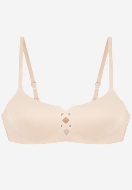 Beżowy Biustonosz o Gładkim Wykończeniu z Imitacją Wiązania Azisene