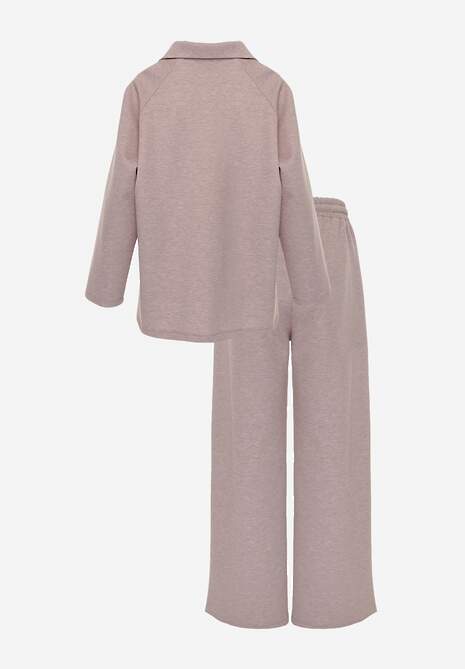 Beżowy Komplet Dresowy z Dzianiny z Wiskozą Bluza i Spodnie Wide Leg Nevelida 7