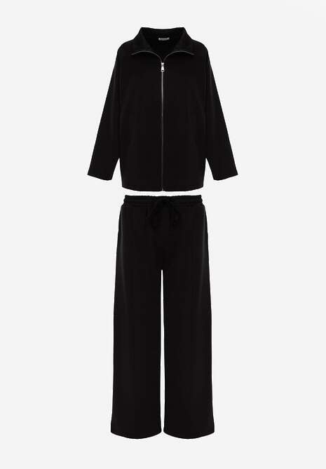 Czarny Komplet Dresowy z Dzianiny z Wiskozą Bluza i Spodnie Wide Leg Nevelida 6