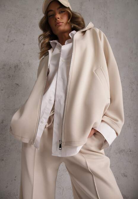 Jasnobeżowy Komplet Dresowy z Dzianiny z Wiskozą Bluza i Spodnie Wide Leg Nevelida
