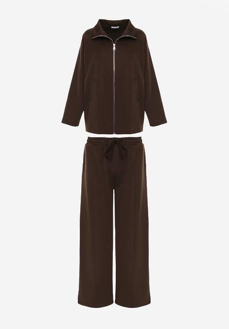 Ciemnobrązowy Komplet Dresowy z Dzianiny z Wiskozą Bluza i Spodnie Wide Leg Nevelidaa 6