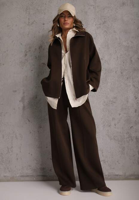 Ciemnobrązowy Komplet Dresowy z Dzianiny z Wiskozą Bluza i Spodnie Wide Leg Nevelidaa