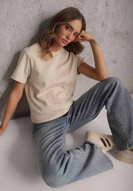 Beżowy Casualowy T-shirt z Bawełny Nealiara