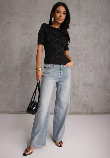 Czarna Bluzka z Dekoltem Typu Łódka Ozdobiona Cyrkoniami Neaninna 4