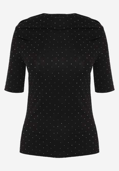 Czarna Bluzka z Dekoltem Typu Łódka Ozdobiona Cyrkoniami Neaninna 6