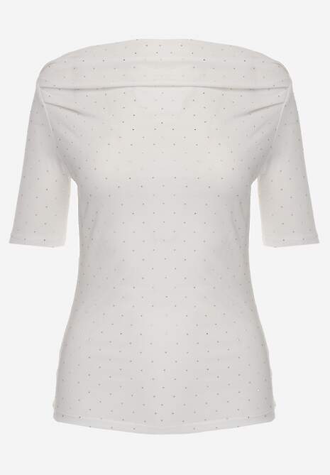 Biała Bluzka z Dekoltem Typu Łódka Ozdobiona Cyrkoniami Neaninna 6