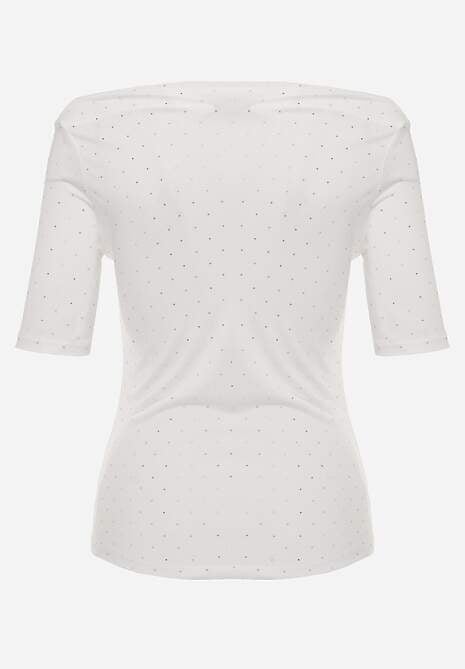 Biała Bluzka z Dekoltem Typu Łódka Ozdobiona Cyrkoniami Neaninna 7