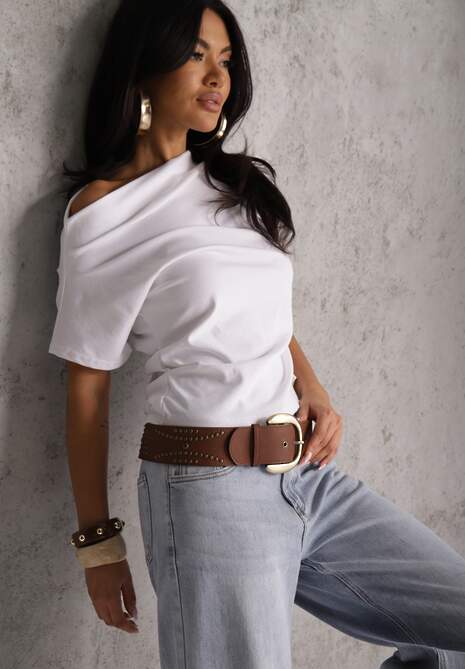 Biały T-shirt z Bawełny z Dekoltem Łódką i Drapowaniem w Pasie Savalira 4