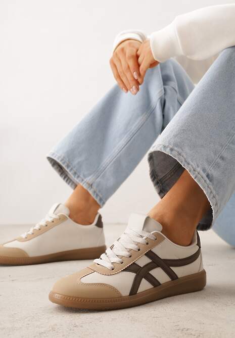 Beżowo-Brązowe Sneakersy w Stylu Tenisówek Ozdobione Geometrycznymi Paskami Zitora