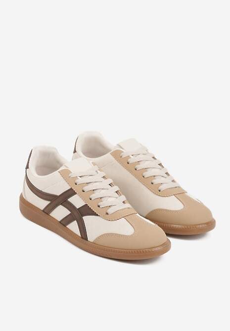 Beżowo-Brązowe Sneakersy w Stylu Tenisówek Ozdobione Geometrycznymi Paskami Zitora 5