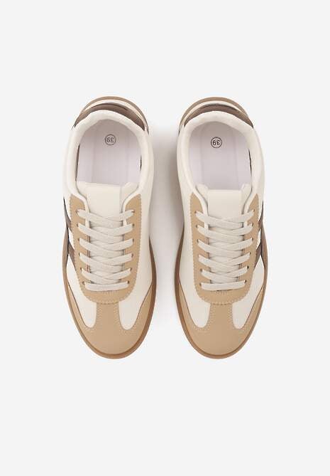 Beżowo-Brązowe Sneakersy w Stylu Tenisówek Ozdobione Geometrycznymi Paskami Zitora 6