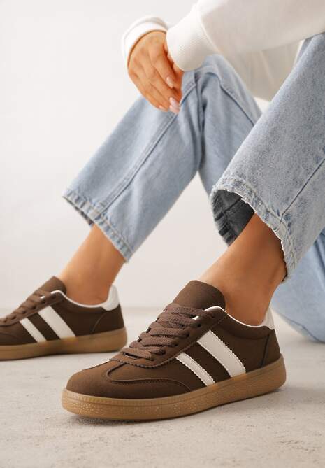 Brązowe Sneakersy Typu Tenisówki Ozdobione Paskami po Bokach Fefia