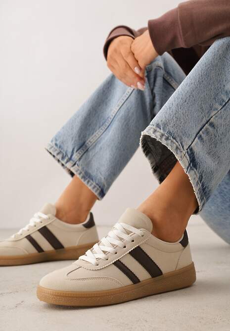 Beżowo-Brązowe Sneakersy Typu Tenisówki Ozdobione Paskami po Bokach Fefia