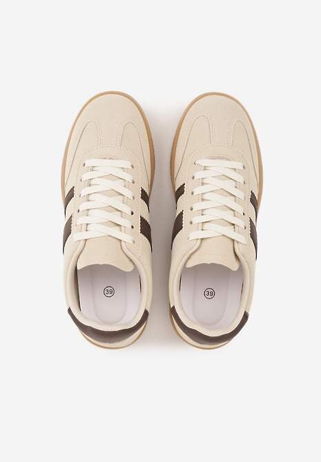 Beżowo-Brązowe Sneakersy Typu Tenisówki Ozdobione Paskami po Bokach Fefia 6